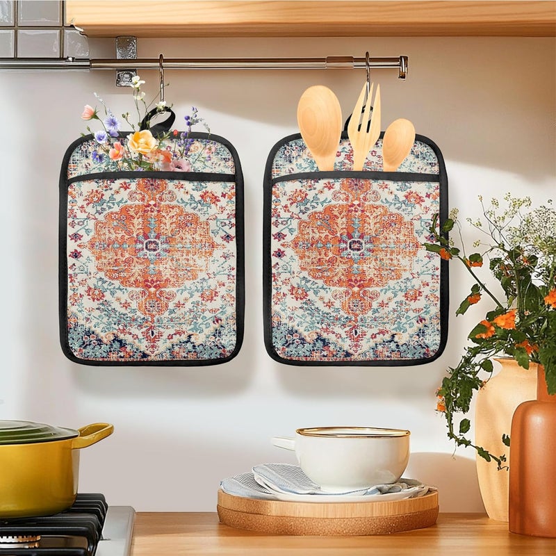 HUGANE Rustic Vintage Boho Pot Holders for Kitchen, Abstract Orange Blue Boho Ethnic Floral Botanical Heat Resistant Hot Pads and Oven Mitts for Baking Cooking - Image 2